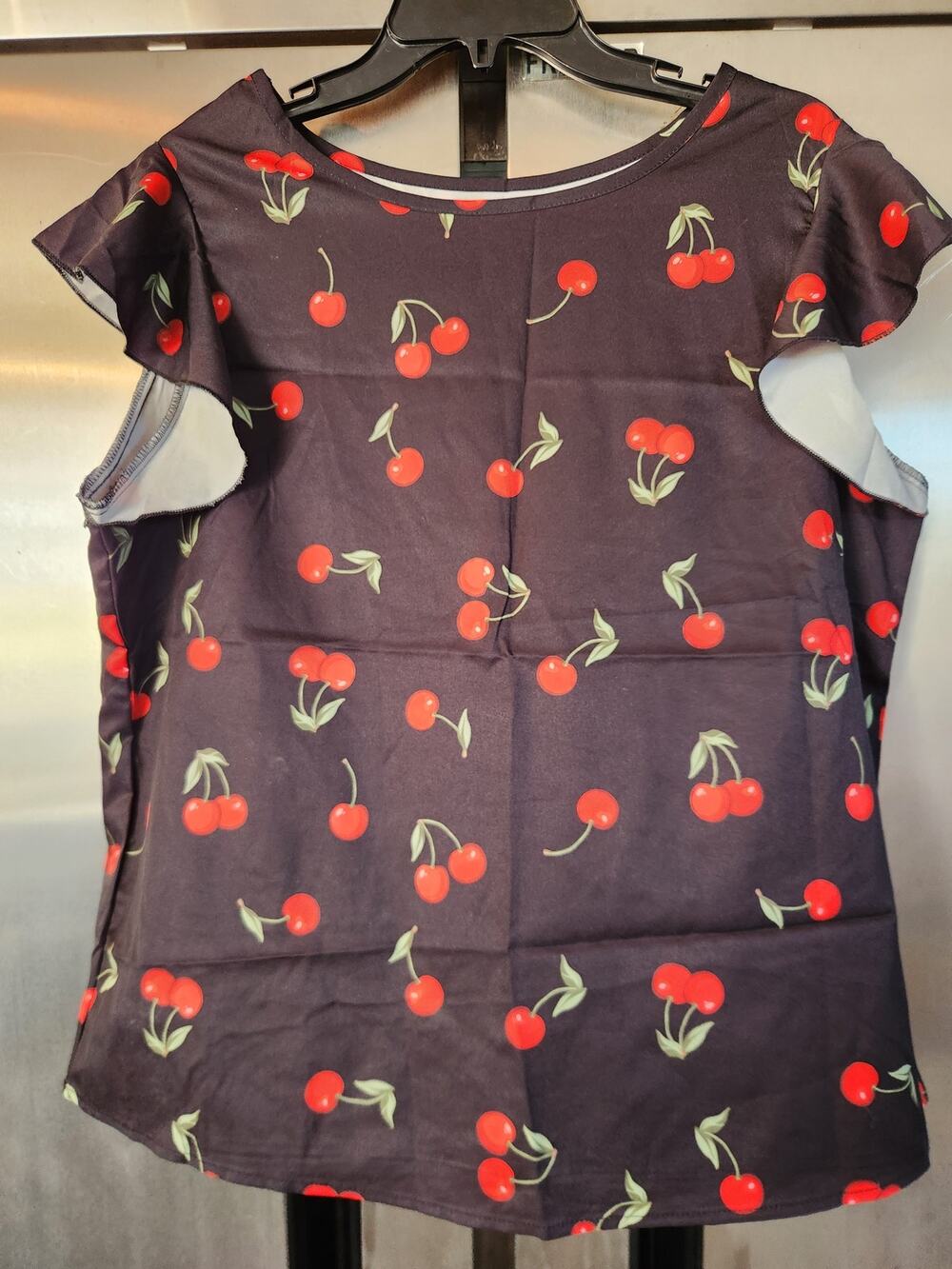 SHEIN Womens Cherry Print Blouse Size XL | Navy Flutter Cap Sleeve